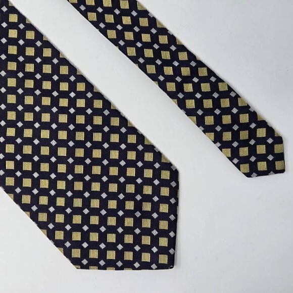 EQUESTRIAN FIRENZE SILK TIE BLUE YELLOW GEOMETRIC FOULARD SATIN 3.75" X 60" - Picture 1 of 2
